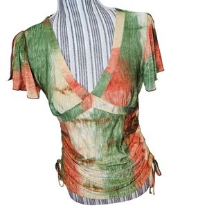 Geri C women's orange/green/yellow tie dye flutter sleeves top size L